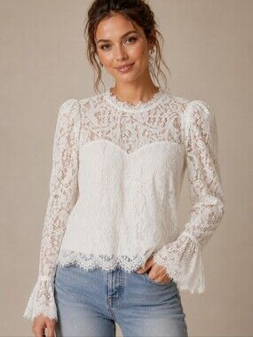 418. Story On White Lace Long-Sleeve Top - Elegant Feminine Blouse